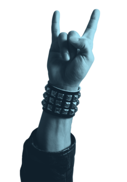 hand gesturing 'rock on' with a silver studded leather bracelet on the wrist.