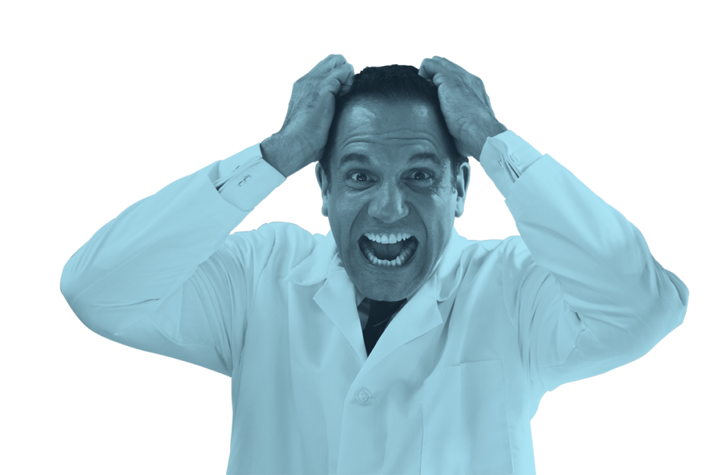 A man in a scientist lab coat holding his head and yelling in frustration