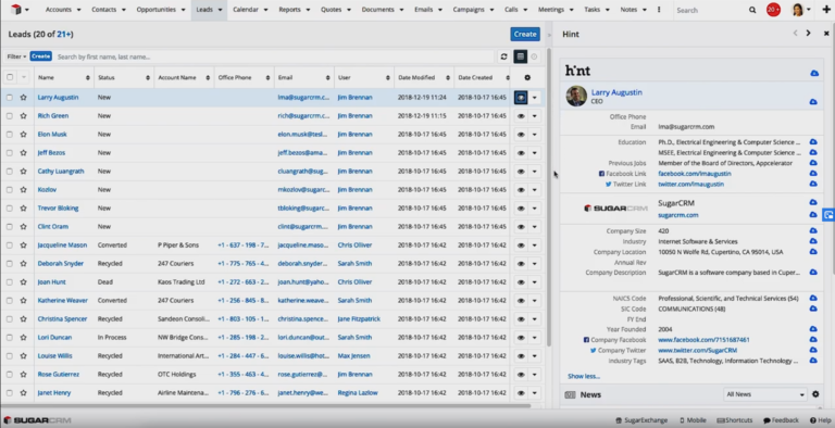 Hint SugarCRM dashboard