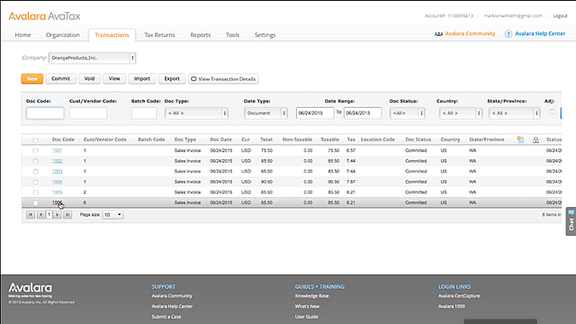 example of Avalara Tax Compliance Dashboard