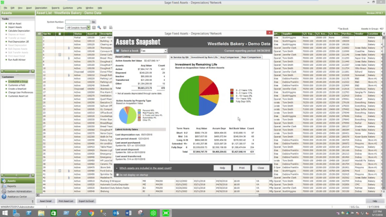 Screenshot of the Assets Snapshot provided by Sage Fixed Assets