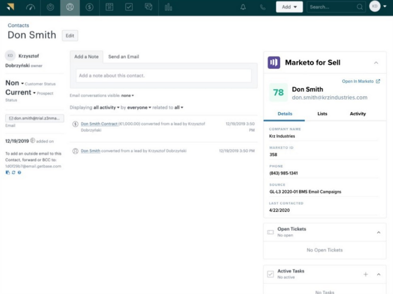 Marketo Sidekick for Zendesk Sell details view