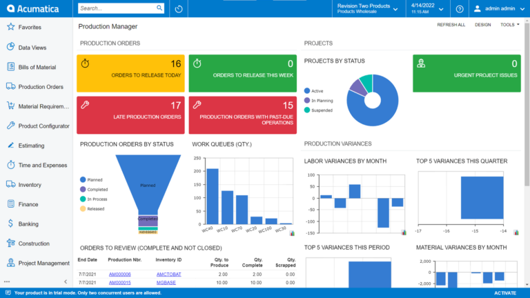 Acumatica Cloud ERP dashboard